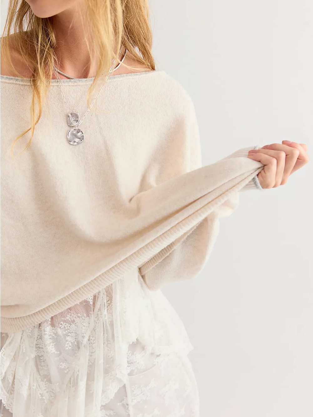 Free People Almond Cream Boatneck Off the shoulder slouchy Sweater